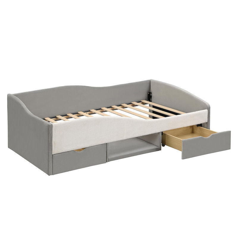 Structure de lit de jour simple rembourrée avec 2 tiroirs de rangement, gris, Twin, Gray