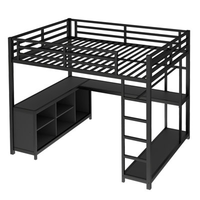 Metal Loft Bed with Wardrobe and L-shaped Desk, Loft Bed with Storage Cubes and Shelves, Loft Bed for Kids Teens Adults, Black