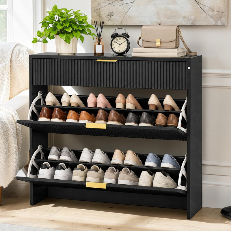 Rangement à chaussures étroit cannelé avec tiroirs rabattables, étagère à chaussures autoportante mince avec poignées dorées pour le vestibule, noir
