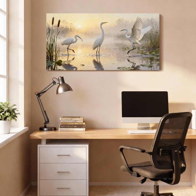 Ensemble de 1 toile tendue représentant des aigrettes au lever du soleil dans une zone humide brumeuse, H 20 po x l 40 po