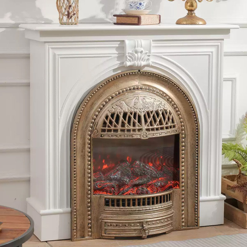 White Gold Solid Wood Freestanding Fireplace, White/Gold