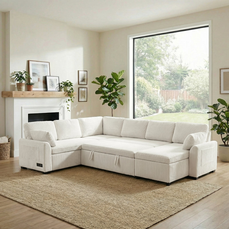Canapé-lit modulaire convertible en U de 111 po, Velours côtelé beige