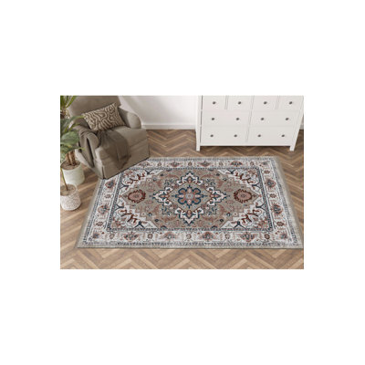 Tapis décoratif gris à motif traditionnel lavable à la machine