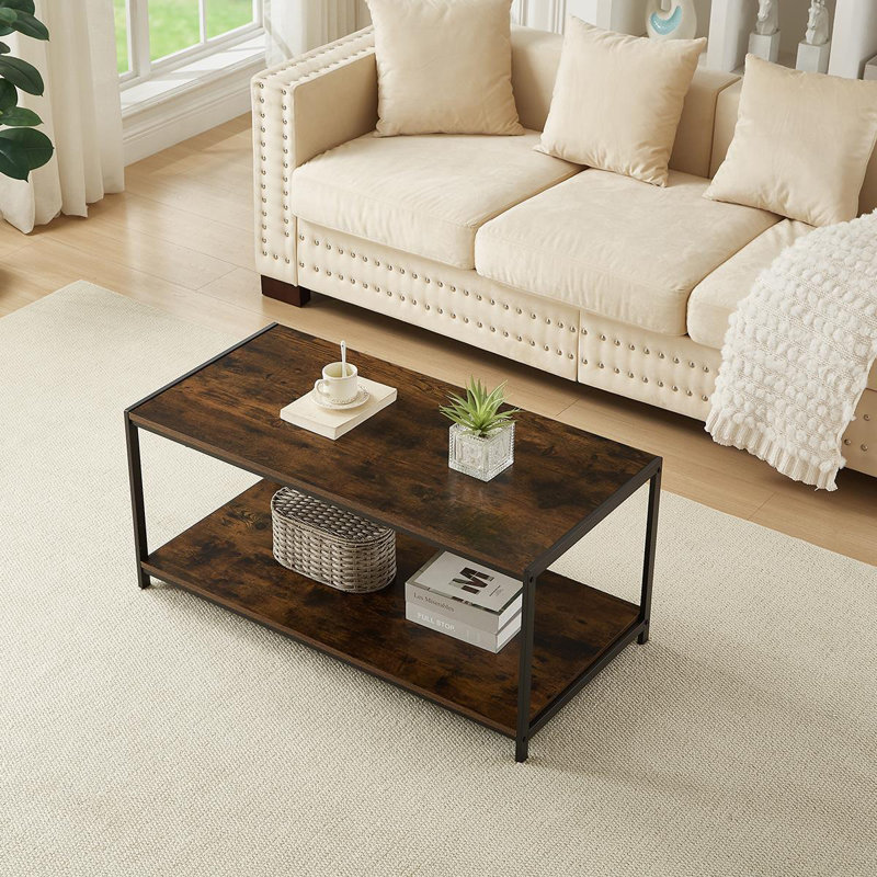 Adalayah Coffee Table Rustic Wooden Brown Grain Finish Living Room Storage Shelf 2 Tier