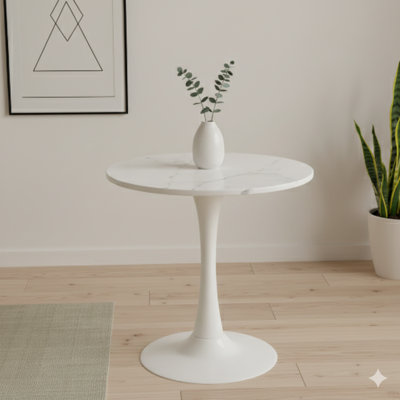 Table basse de 27,6 pouces de style Mid-Century moderne, pouvant accueillir de 2 à 4 personnes, avec un plateau de table rond en marbre veiné de blanc, idéale pour divers espaces