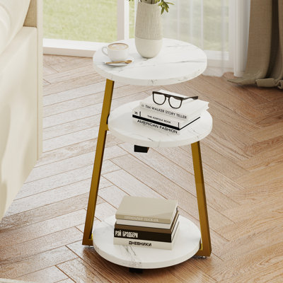 Petite table d'appoint ronde avec rangement à 3 niveaux - table de bout en or blanc, table de chevet à structure métallique robuste, table basse compacte pour le salon de la chambre à coucher