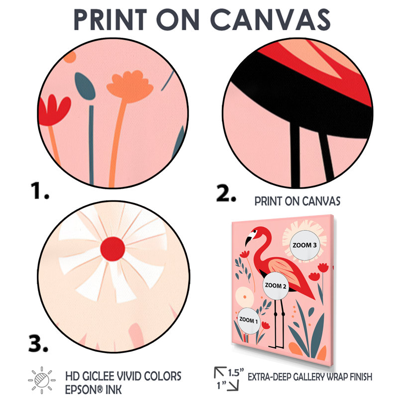 Illustration rétro de flamant rose - flamant rose, art mural, Toile tendue, H 20 po x l 12 po