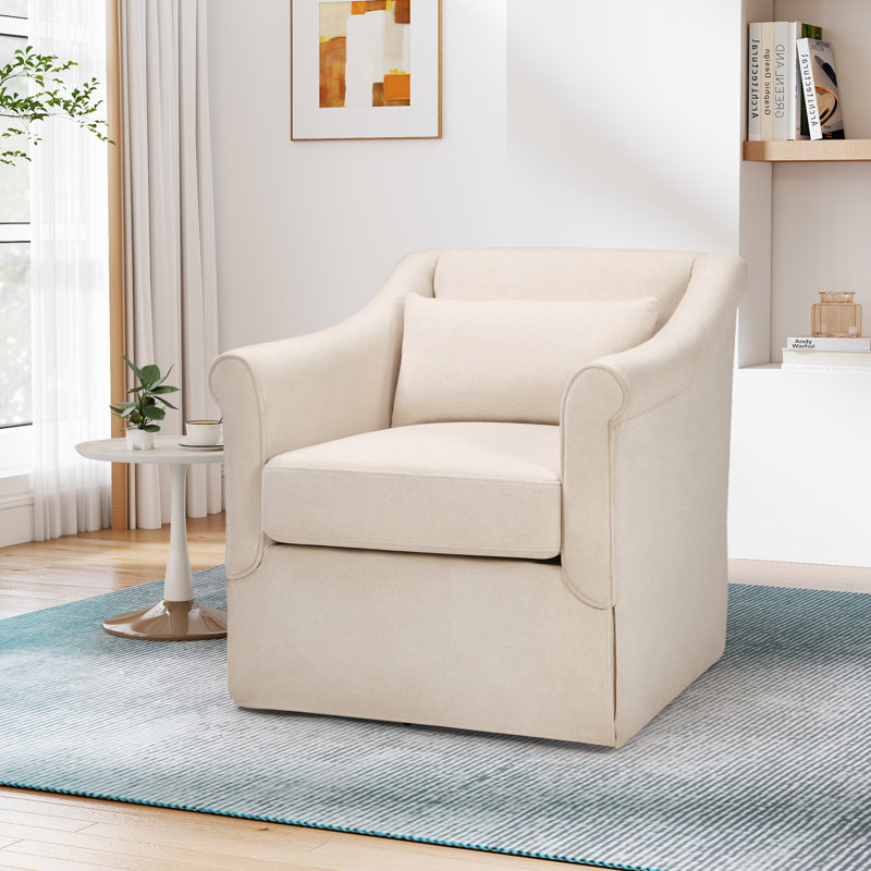 30" Wide Modern Soft Upholstered Swivel Arm Accent Chair With Lumbar Pillow, Beige
