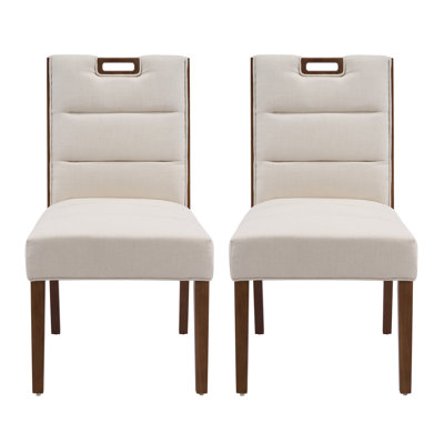 Upholstered Armless Dining Chairs, Beige Fabric & Walnut Rubber Wood Frame, Set of 2