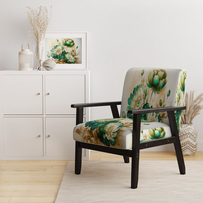 Green Blooming Daisy I - Upholstered Farmhouse Arm Chair, Green Accent Chair