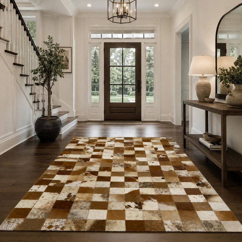 Tapis en cuir de vache patchwork fait à la main, tapis moderne en cuir damier, 3 x 5 ft