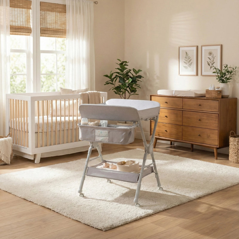 Table à langer portable pliante avec roulettes et surface imperméable, Gris