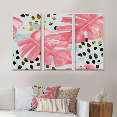 «Monstera rose sur coups de pinceau rugueux roses», impression sur toile flottante 3 pièces