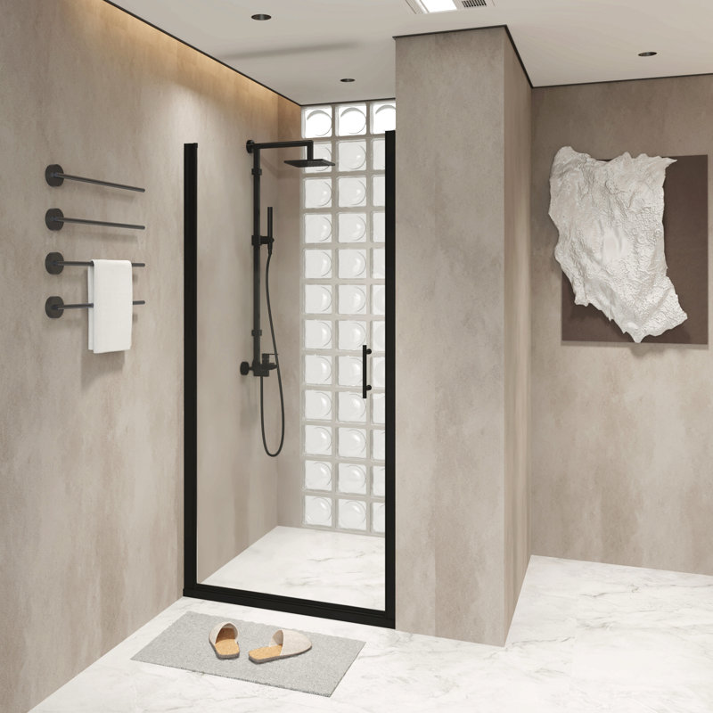 Porte de douche pivotante, cadre en aluminium noir mat, demi-cadre, film en verre trempé antidéflagrant de 1/4 po (6 mm)