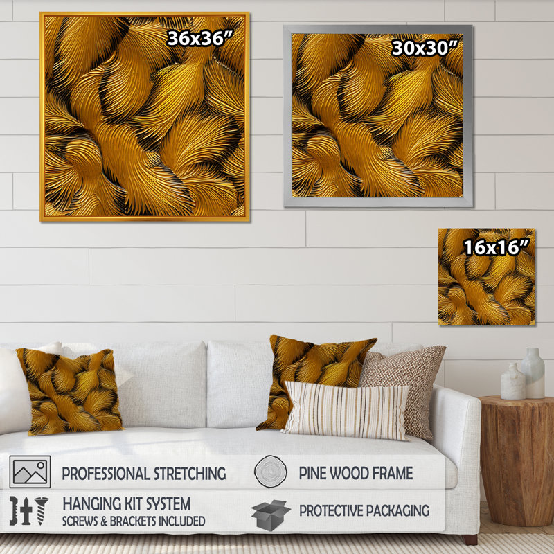 Golden Feathers Serenity I - art mural plumes, Cadre flottant doré, H 16 po x l 16 po x P 1 po