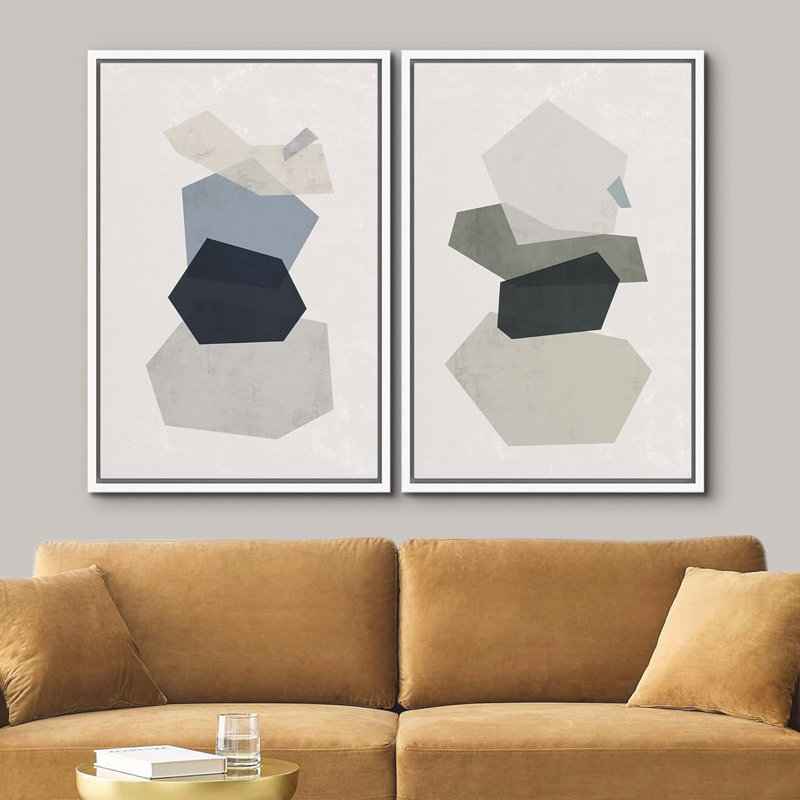 Mid-Century, formes géométriques pastel bleues et vertes, formes abstraites modernes sur toile, 2 pièces