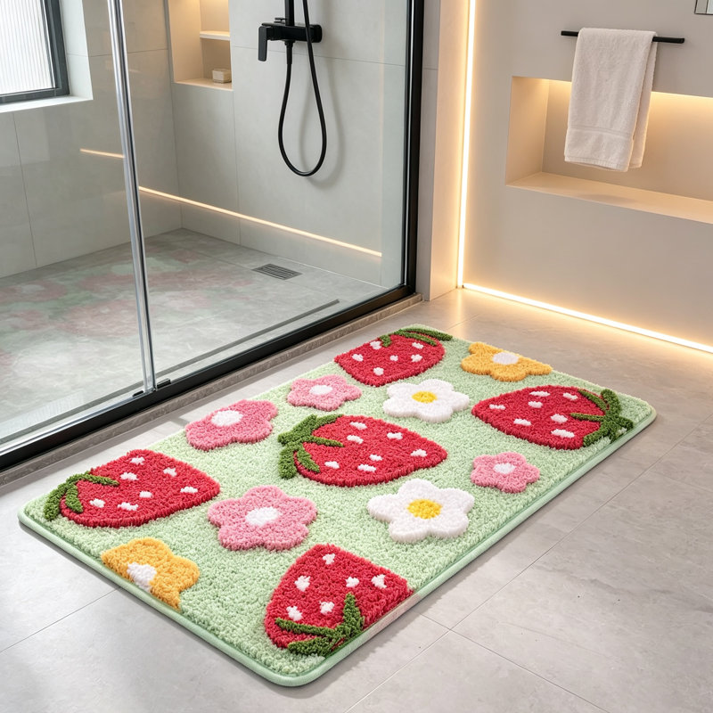 Vibrant Green Strawberry Flower Non-Slip Bath Mat 45x65cm