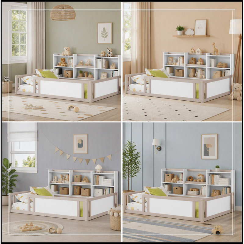 Plateforme en bois pleine grandeur Camillo avec garde-corps et étagères de rangement latérales, Cream+White