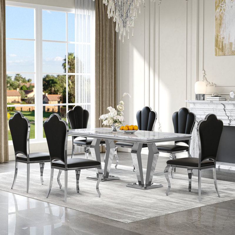 7-Piece Dining Table Set with Marble Veneer Tabletop and PU Leather Chairs – Modern Dining Room Furniture, Seats 6