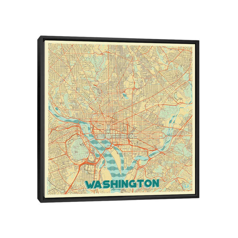 " Washington, D.C. Retro Urban Blueprint Map " by Hubert Roguski, 18" H x 18" W x 1.5" D, Black Framed Canvas, No Matte