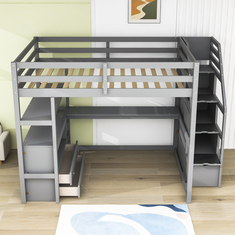 Helmuts Kids Loft Bed with Drawers, Gray, Full