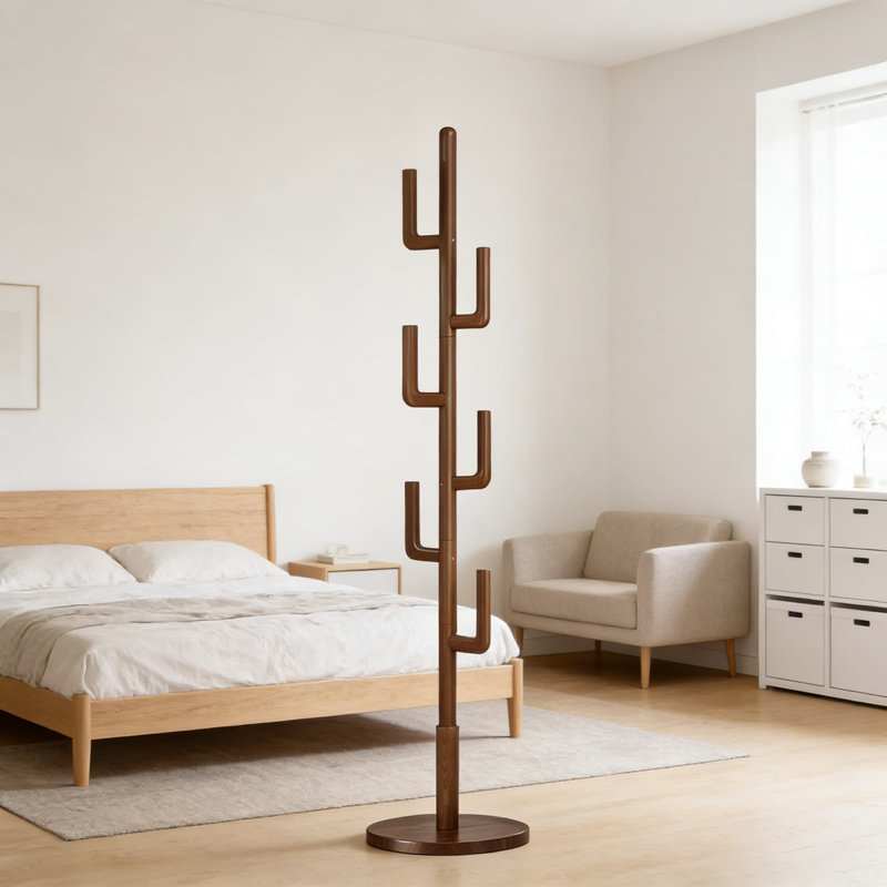 Portemanteau autoportant en bois massif avec 6 crochets en forme de L, portemanteau à hauteur réglable de style Cactus moderne pour l'entrée, la chambre à coucher et le salon
