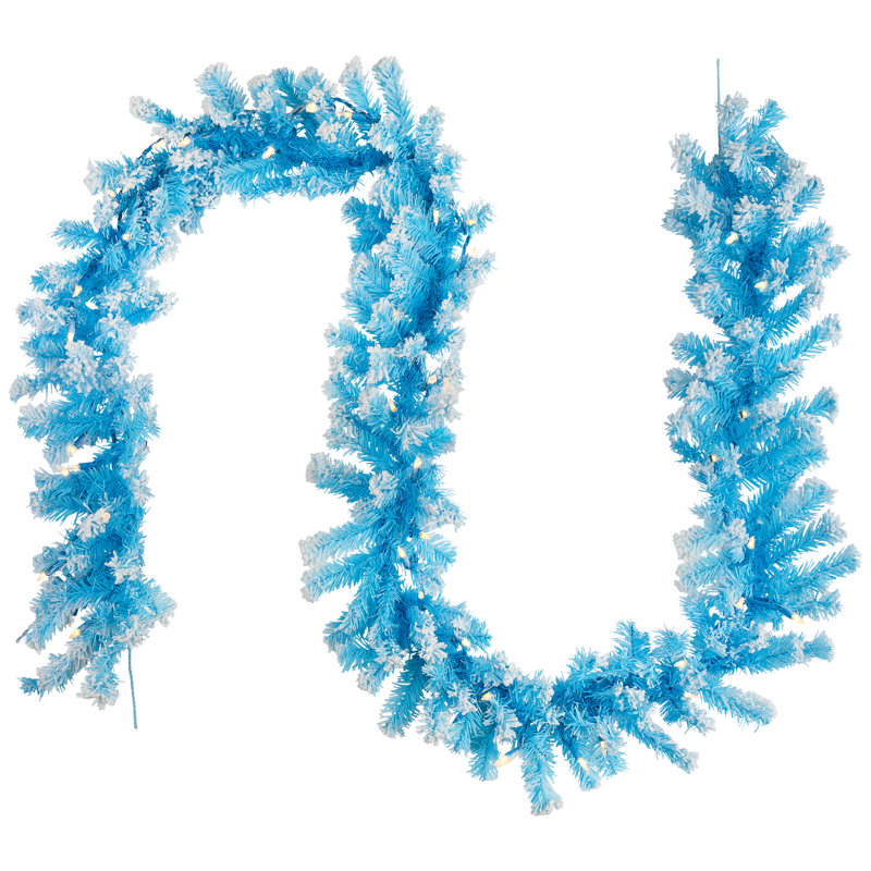 Pre-Lit Artificial Flocked Pine Christmas Garland - 9' - Clear Lights, Sky Blue