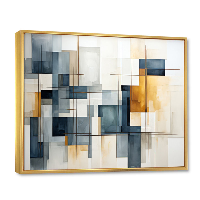Janayra Blue Grey Line Art Abstract Geometrics III sur toile, Cadre flottant doré, 16" H x 32" W