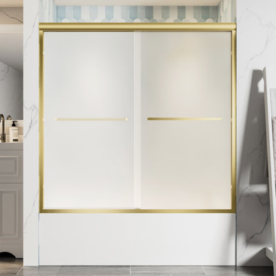 60 " X 58 " Aluminum Frame 1/4" Tempered Glass Double Sliding Bathtub Door Stainless Steel Handles, Gold