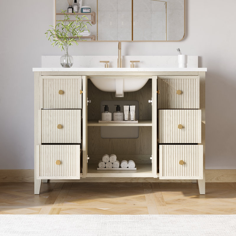 Meuble-lavabo sur pied l 48 po x H 35 po avec comptoir en quartz blanc Carrera et lavabo sous-comptoir simple, entièrement assemblé