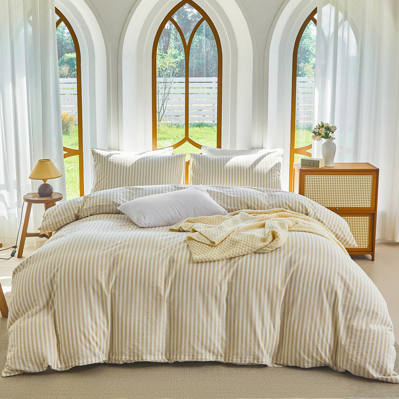 Ensemble de housse de couette rayée 100% coton délavé XINMIANFANG, Housse de couette double + 2 taies d'oreiller stan