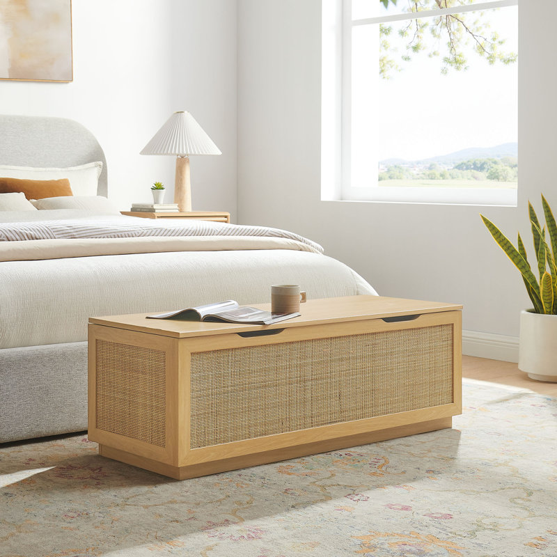 Banc de rangement en rotin Soma, Chêne