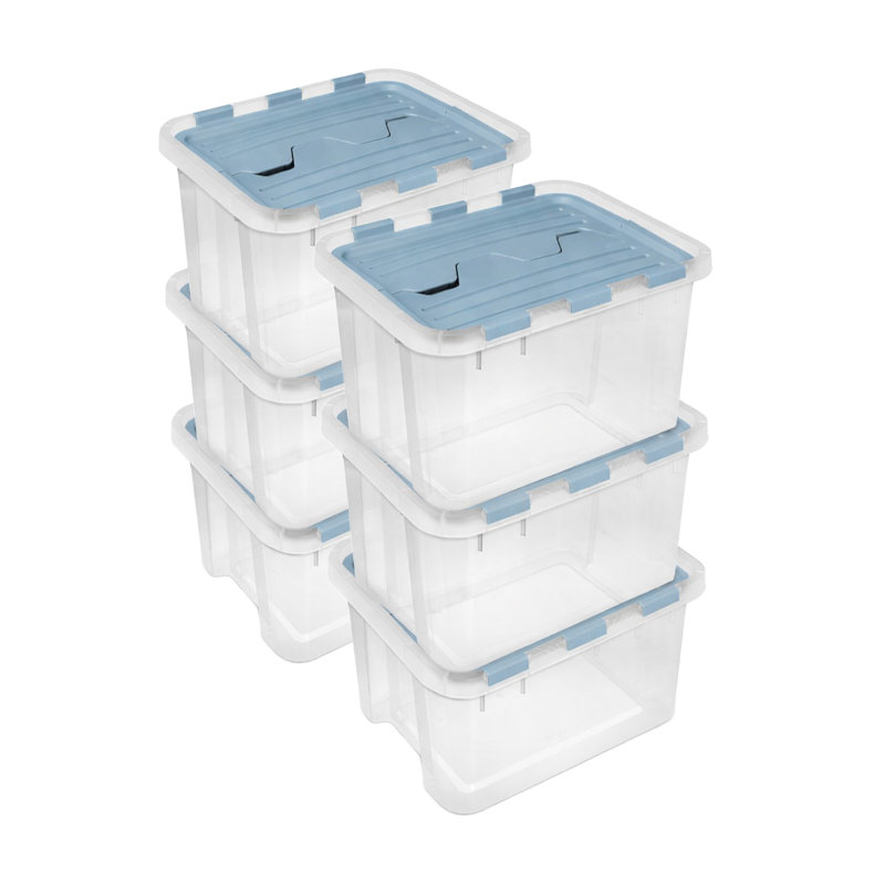 Sterilite 60 Qt Hinged Lid Storage Box, Plastic Container, Washed Blue, 6 Pack, 60 qt.