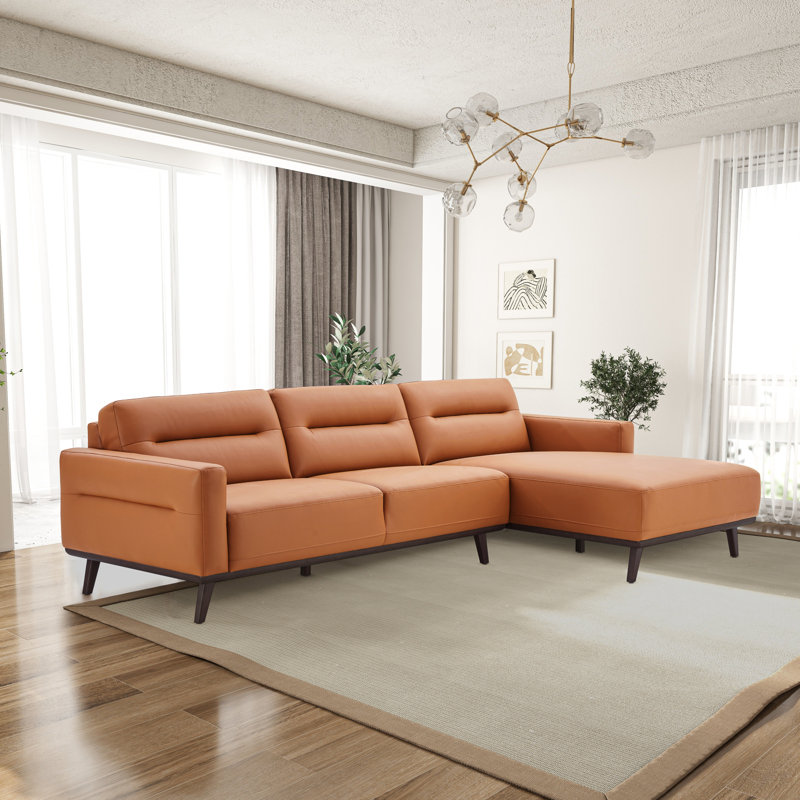 Neithen 109.5" Wide Mid Century Modern L-Shaped Vegan Leather Sofa & Chaise, Right Hand Facing