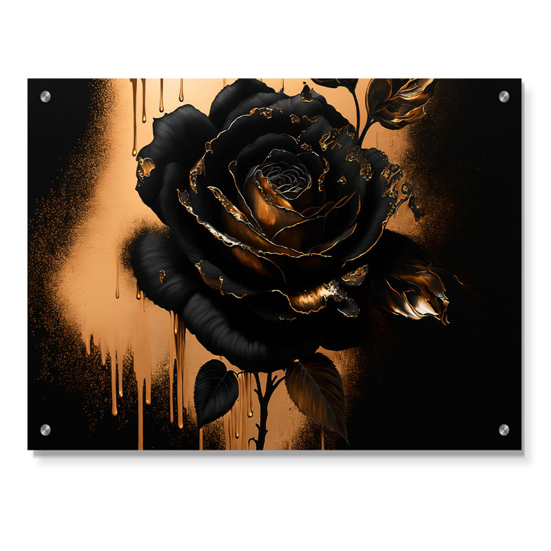 Art mural en acrylique noir et or rose pour salon, H 24 po x l 32 po