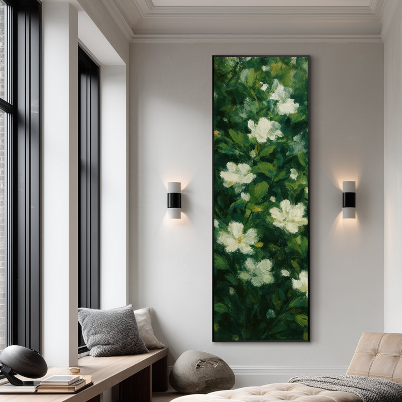 Très grande impression murale de jardin floral - fleurs blanches et feuilles vertes, décoration botanique pour le salon ou la chambre à coucher, assemblage requis