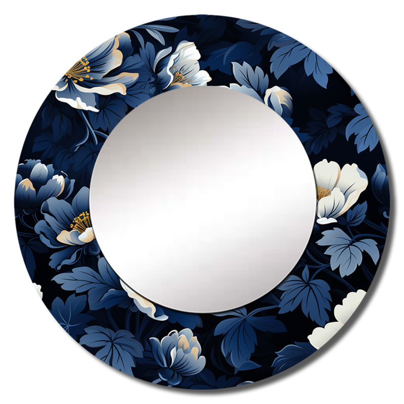 Shakaya Nightfall, motif floral bleu foncé et blanc - grand miroir mural floral, miroir rond bleu unique, impression sur métal