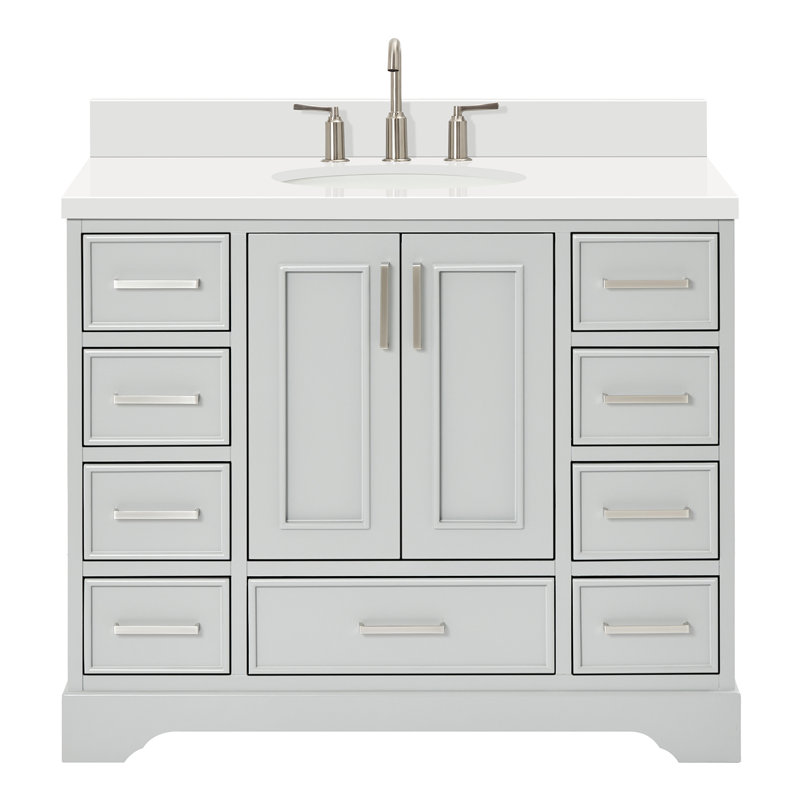 43'' Single Bathroom Vanity with White Quartz Top, Gray