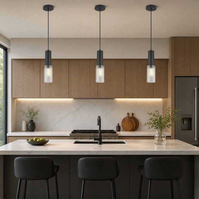 1 - Suspension simple pour îlot de cuisine avec abat-jour en verre côtelé, Noir
