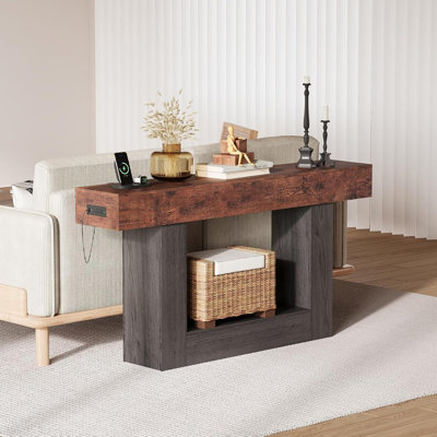 63-inch Narrow Console Table with Charging Station, 2-Tier Farmhouse Sofa Table for Entryway & Living Room
