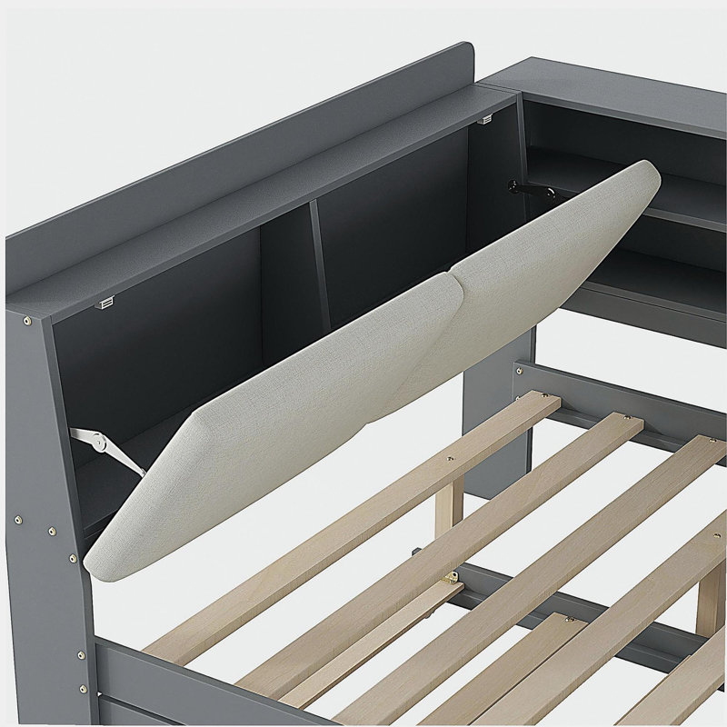 Lit plateforme en bois avec tiroirs, tablettes et tête de lit avec rangement, Gris