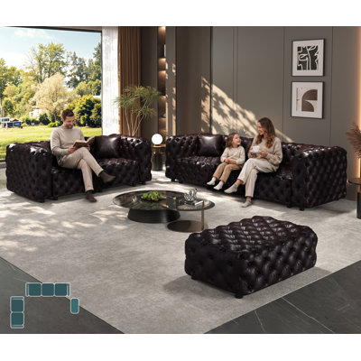 Ensemble de canapé moderne, canapé modulaire rembourré en similicuir 5 places avec conception touffetée à la main pure, 1 repose-pieds et 5 coussins, combinaison multiple pour le salon, brun foncé