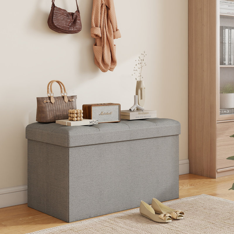 Folding Storage Ottoman Bench, 30" Large Capacity Foot Stool, Wooden Top, Light Gray Linen, Linen, Light Gray-30"