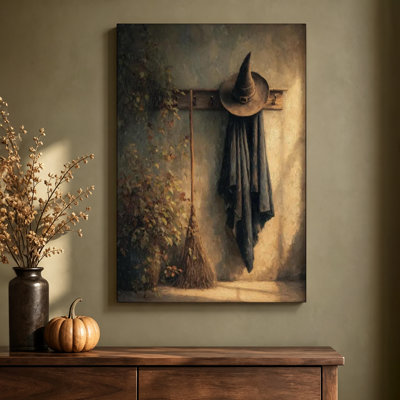 Chapeau de sorcière et balai avec feuilles d'automne, reproduction d'une peinture à l'huile sur toile tendue, 61 x 91 cm, prête à accrocher