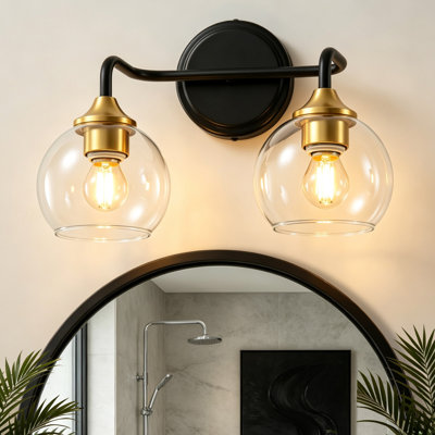 2‑Light Bathroom Vanity Light, Black and Gold Wall Sconce with Clear Globe Glass Shade, Modern Farmhouse Wall Mount Vanity Lighting for Bathroom Mirror, Dressing Table