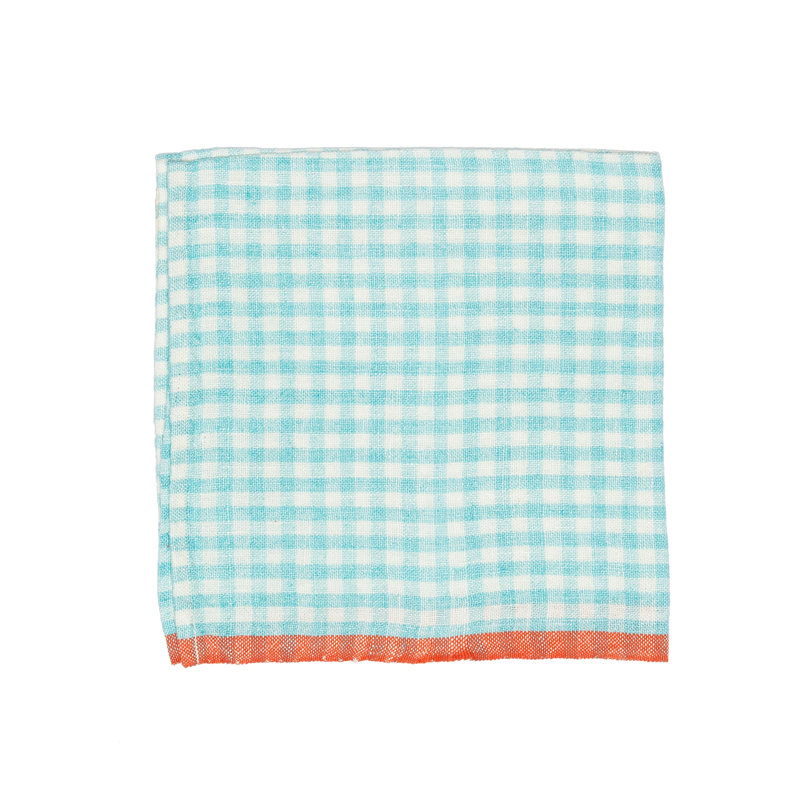 Linen Gingham Square Napkin, Aqua/Orange