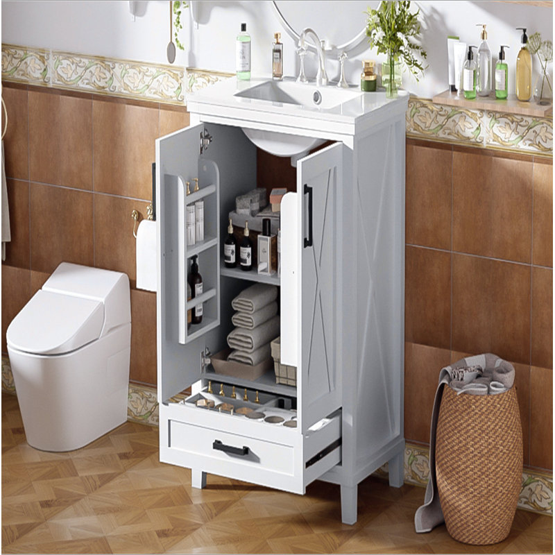 Meuble-lavabo de 24 po avec lavabo simple, structure en bois massif et panneau de fibres à densité moyenne, 2 portes à fermeture en douceur, 1 tiroir divisé, 2 tablettes de rangement, amplement d'espace de rangement