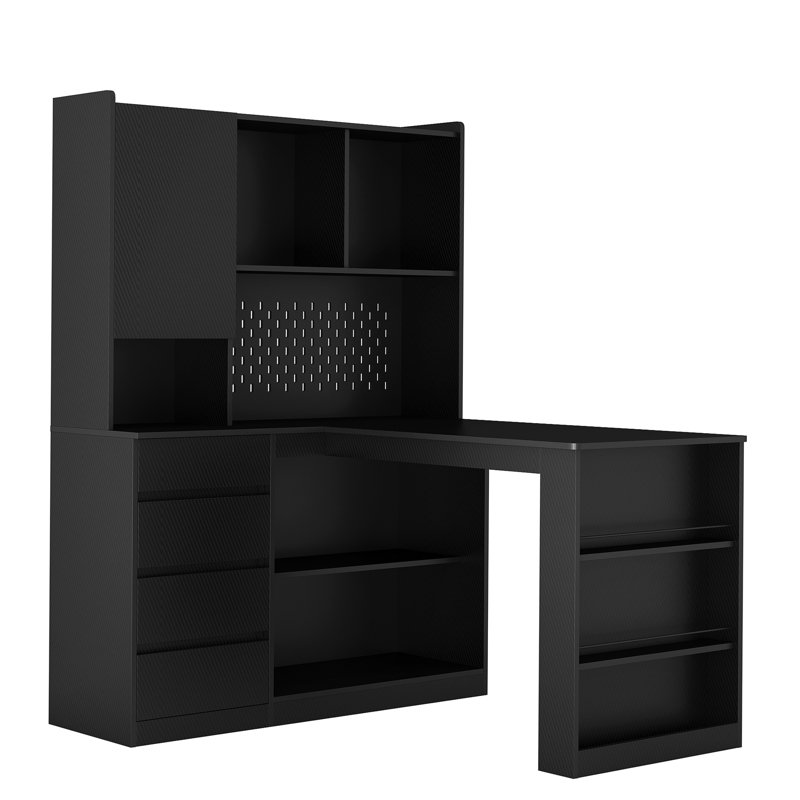 L-Shaped Desk With Drawers, Bookshelf & Hutch, Black, Left Hand Return