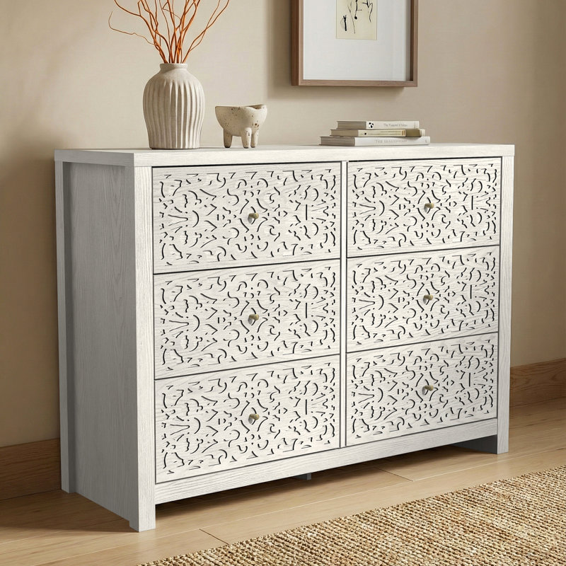 Zahara Bohemian 45.4"W 6 Drawer Dresser, Antique White Oak