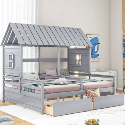 Twin Size House Platform Beds With Two Drawers For Boy And Girl Shared Beds, Combination Of 2 Side By Side Twin Size Beds